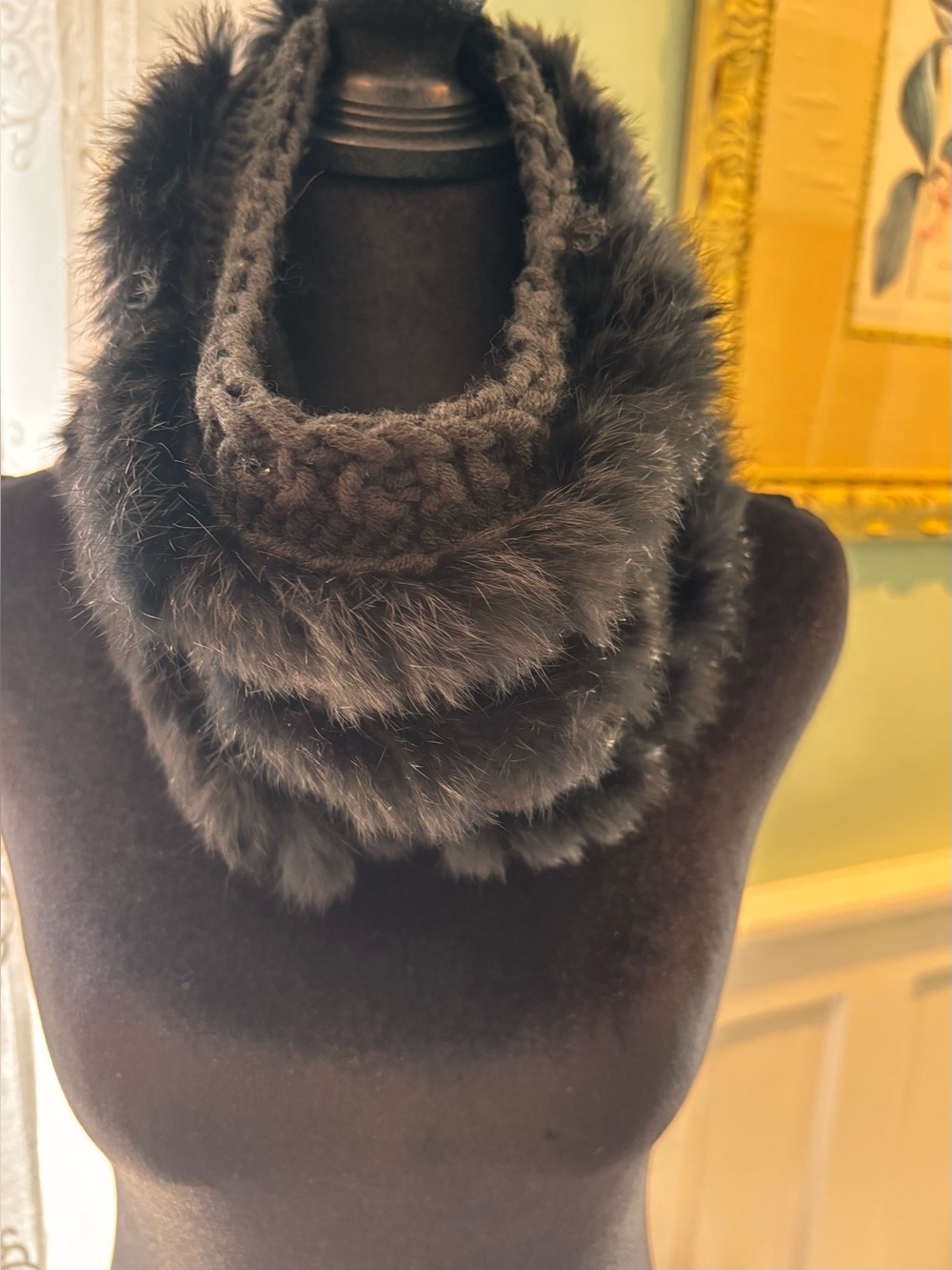 Black rabbit Fur Knit Infinity Scarf - Women Accessories
